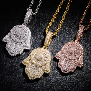 2023 New Hip Hop Jewelry Wholesale 18k Gold Plated Cz Iced Out Diamond Fatima Eye Hamsa Hand Pendant Necklace