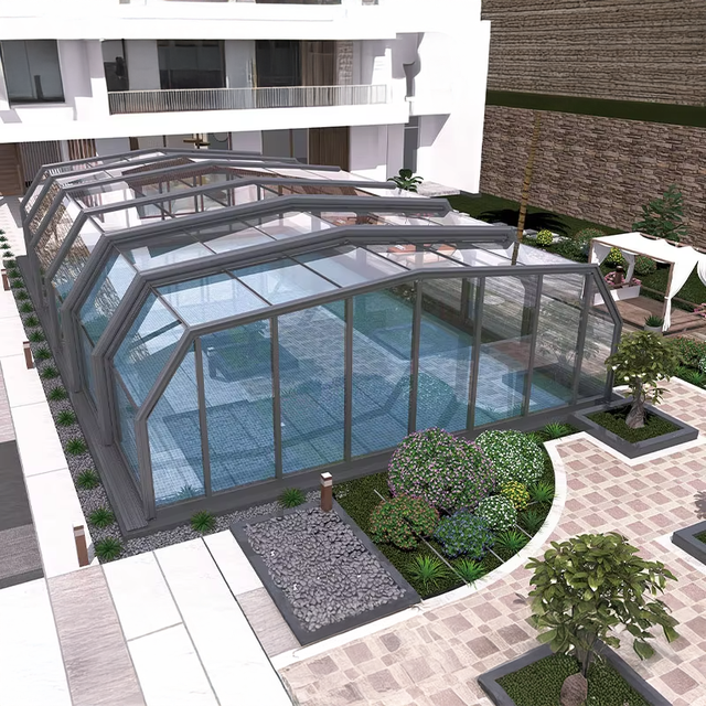 Motorized Movable Flat Roof Tempered Glass Green House Enclosure Automatic Retractable Sliding Swimming Pool Cover Sunroom