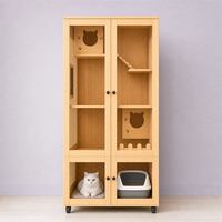 Villa pour chat en bois d'intérieur avec bac à litière, meuble pour chat à plusieurs niveaux, meuble pour chat sur roulettes