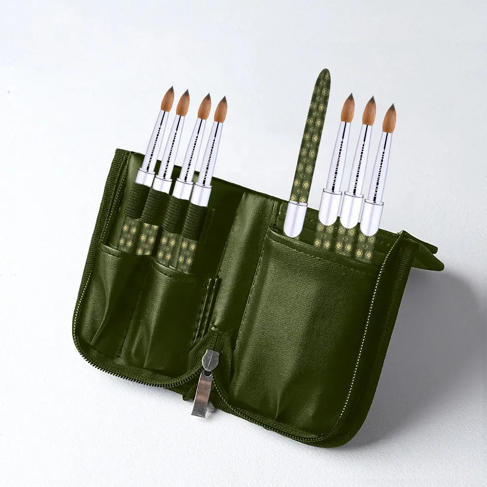 Famosa spazzola per unghie con motivo verde personalizzata borsa privata con etichetta acrilica per unghie 100% Set di pennelli per unghie kolinsky #14 #16 #18