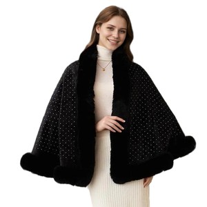 Women Sparkly Diamond <b>Shawl</b> Elegant Pearl Brooch Wrap Plush Faux Fur Trimmed Cape for <b>Wedding</b> Guest Christmas Party - Product Image 4