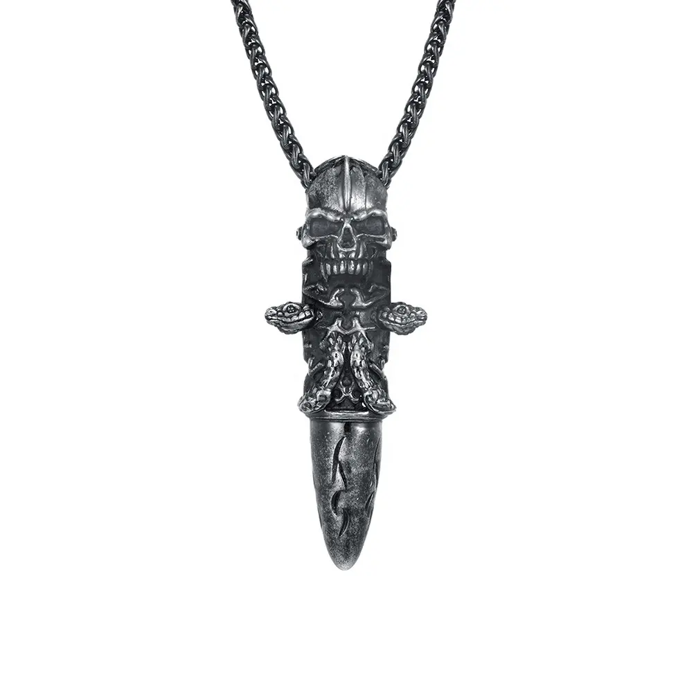 Personalizado prata e preto esqueleto jóias bala cabeça combinação pingente com caixa corrente colar de crânio dos homens
