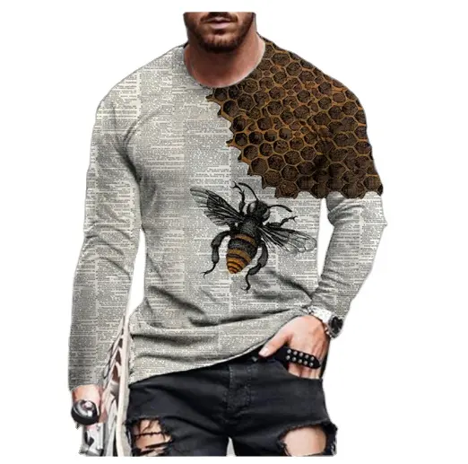 Hot Sale Digital Printing Men's Large Casual Round Neck Long Sleeve Slim Fit T-shirt
