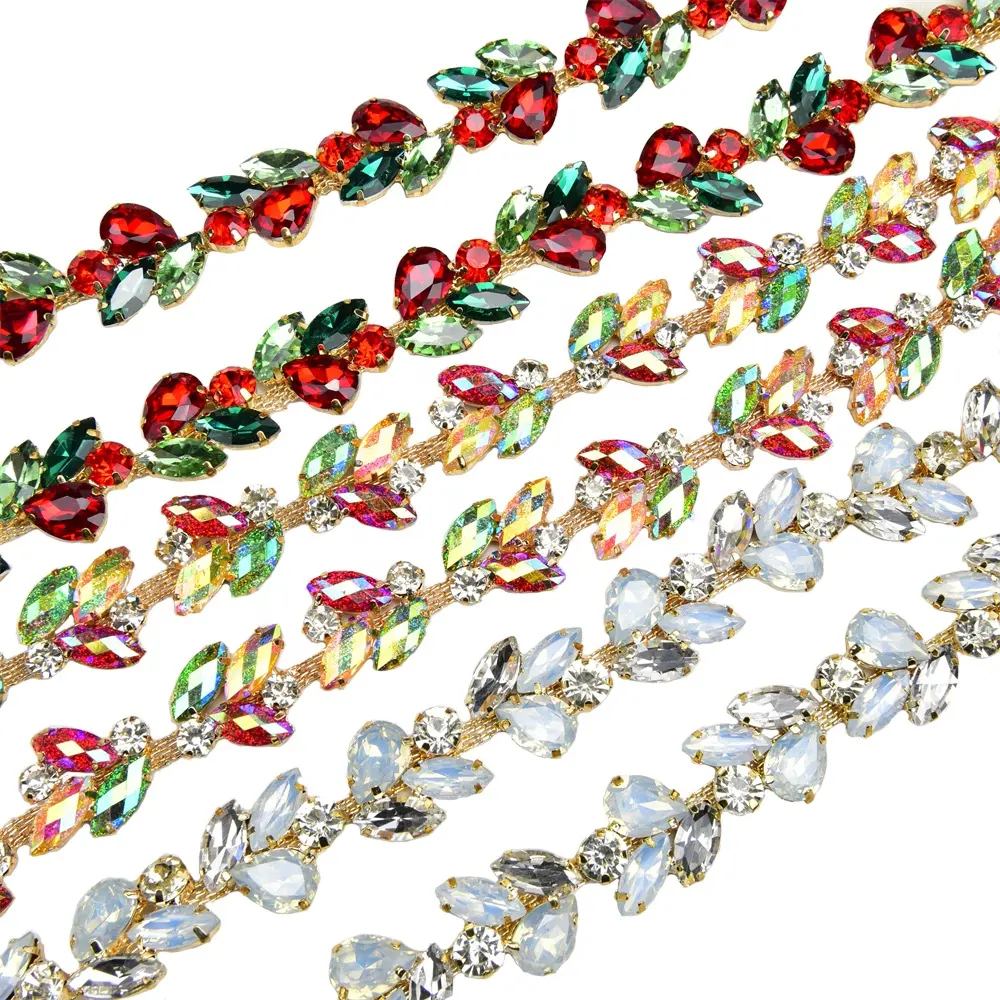 2Cm Wide Flower Shape Rhinestones Chain Golden Brass Base Colored Horse Eye Crystal Diamond Trim Sew On Clothing Diy Decorations
