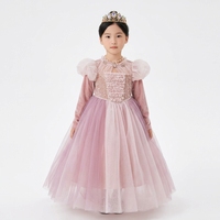 Robe longue de princesse rose pour enfants avec manches longues et tissu transparent, robe de soirée, robe de fête d'anniversaire, ensemble de robes pour filles