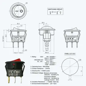 Beleuchteter 3-Wege-Schalter mit Roter LED, 16A 125V, Runder Wippschalter - Product Image 6