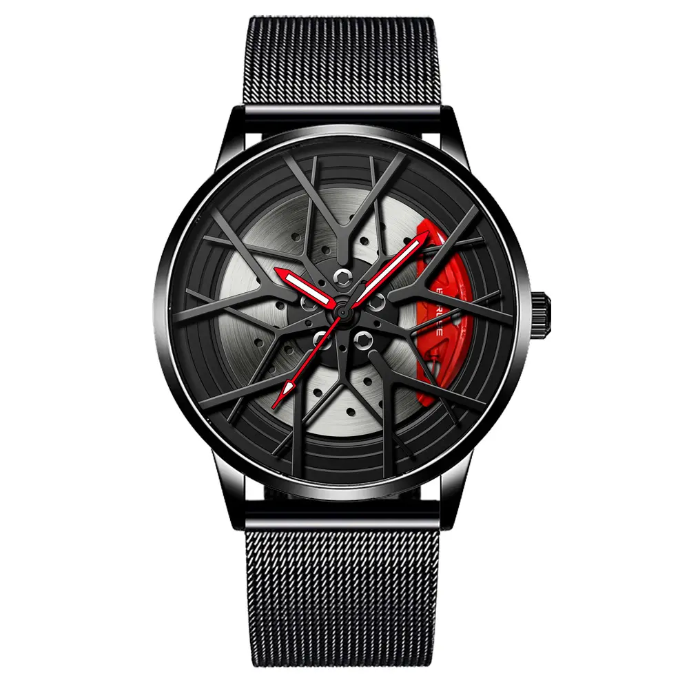 Quartz movement good quality stainless steel strap luminous waterproof 3d car wheel hub watch men sport spinning rim watch