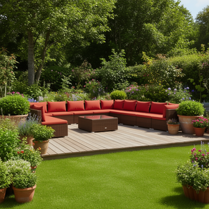 Ensemble de salon de jardin rouge cannelle en rotin brun, mobilier d'extérieur, 10+ places, design contemporain, résistant aux intempéries - Product Image 2