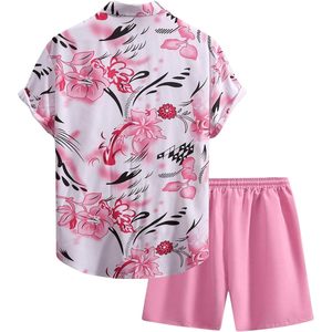 FOXA Conjunto de camisa con botones y pantalones cortos con cordón y estampado floral para hombre, talla grande, conjunto informal de verano - Product Image 2
