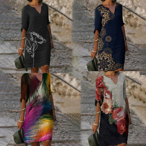 Nuevo Vestido de Verano con Estampado de Hojas y Flores, Cuello en V, Manga Corta, Holgado - Product Image 5