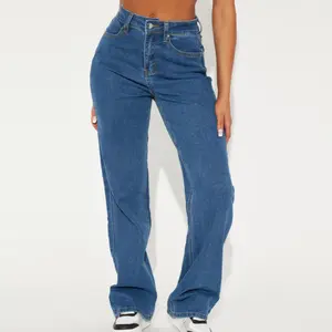 2022 בתוספת גודל נשים ישר ג 'ינס ג' ינס לוגו מותאם אישית בתפזורת גבוהה מותן נמתח Loose בגדי ג 'ינס עבור נשים