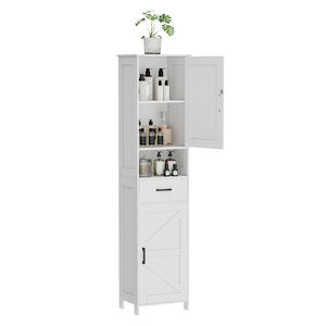 Armoire de rangement haute noire pour salle de bain avec portes coulissantes, meuble de rangement autoportant avec tiroir et compartiment ouvert pour petits espaces - Product Image 1
