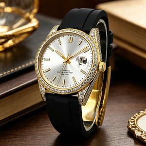 Montre mécanique pour homme en moissanite, plaquée or, luxe, avec lunette semi-incrustée de diamants, cadran non serti, fenêtre de date, personnalisable, qualité supérieure - Product Image 6