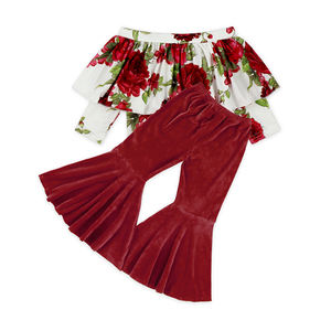 Top de Terciopelo con Rayas Negras y Flores para Bebé, Pantalones de Campana, Ropa de Boutique para Niñas, Venta al por Mayor de Ropa Infantil - Product Image 3