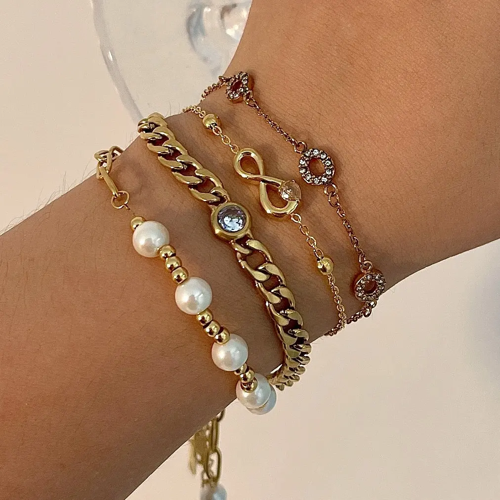 Modisches Perlen-Armbandset 18K vergoldet Edelstahl Zirkon Moissanit Perle CZ Armband Damenschmuck