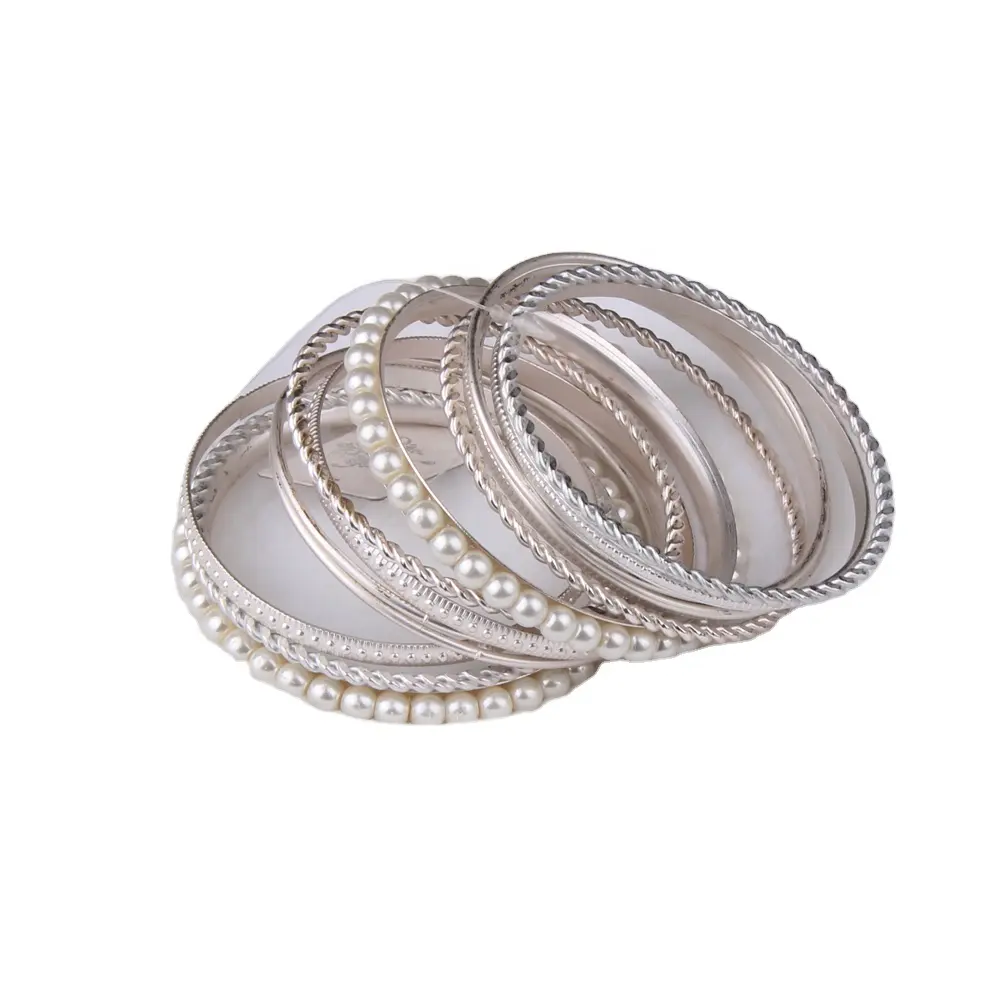fashionable white glittered multi layers elegant metal pearl bangle sets