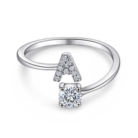Bague de mode en argent sterling 925 avec taille réglable 26 lettres A-Z pierres précieuses incrustées de moissanite pour anniversaire de fête de fiançailles