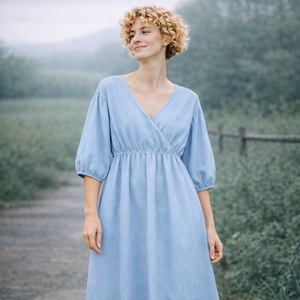 Fournisseur de haute qualité de robes décontractées, robe en lin bleu à col en V et manches bouffantes pour filles, robe élégante pour femmes - Product Image 2