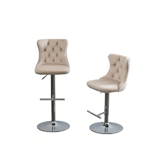 Tabourets de bar modernes en velours beige capitonnés, hauteur réglable de 25 à 33 pouces, base chromée, ensemble de 2 meubles de bar rembourrés - Product Image 1