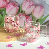 Mug en verre borosilicate à double paroi avec poignée, fleurs d'hortensia roses séchées intégrées, résistant à la chaleur, tasse à café ou à thé, mariage, maison