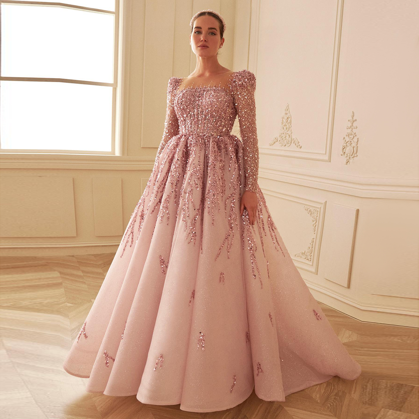 Chiffon Evening Dress with Sleeves Pink Elegant Stylish