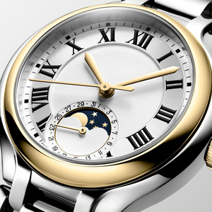 Montre bicolore or et acier inoxydable avec cadran à chiffres romains et complication phase de lune Longinesing - Product Image 4