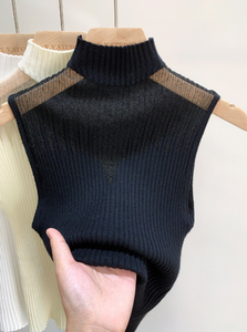 <strong>Women</strong> Stand Collar <strong>Sleeveless</strong> Knit Top Slim Fit Elegant Office Lady Breathable Jacquard Solid Color Casual Basic Tee <strong>Shirt</strong> - Product Image 3