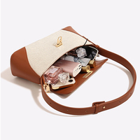 Tas Selempang Wanita Kanvas Warna-Blok Dua Warna Sambungan Vintage dengan Tutup dan Tali Pengikat yang Dapat Disesuaikan, Aksen Kulit PU, untuk Sehari-hari