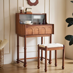 French Vintage Solid Wood Makeup Vanity Oak <b>Storage</b> Bedroom <b>Dressing</b> <b>Table</b> With Stool - Product Image 1