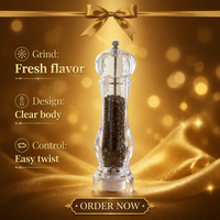 Moulin à sel et à poivre manuel en acrylique de 8 pouces, grande capacité, broyeur en céramique réglable, rechargeable, pour cuisine et restaurant