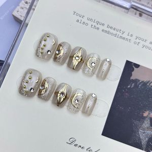 Ongles Courts Carrés Faits Main à Coller, Motif Lune et Étoiles Dorées Célestes, Paillettes Argentées, Ongles <span class=keywords><strong>de</strong></span> Luxe Réutilisables en Gros - Product Image 5