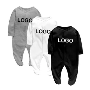 Custom printing logo hot sale style organic cotton baby rompers long sleeve solid color supplier baby sleepwear