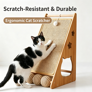 Rascador Triangular de Madera Maciza para Gatos con Tabla de Rascar Vertical, Bolas Desmontables y Cueva para Gatos - Product Image 1