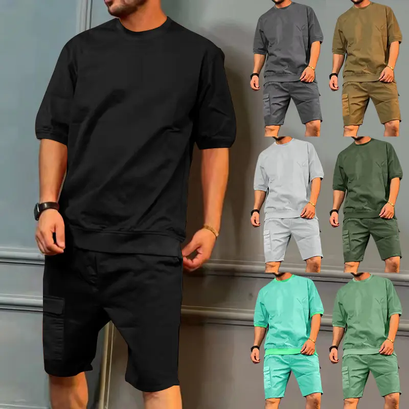 Summer 2 Piece Front Pocket Jogger Set Daily Wear Shorts Cargo Crew Neck Solid Tracksuits For Men's Set Men T Shirt And Shorts