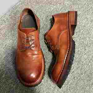 Chaussures habillées décontractées pour hommes en cuir véritable marron, style rétro, à lacets, faites à la main, à talon épais, antidérapantes et confortables pour l'hiver - Product Image 2
