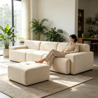 Canapé modulable convertible en L à trois places, sectionnel compressé, avec chaise longue, rembourrage en mousse HR, revêtement en tissu velours côtelé, pour appartement et hôtel