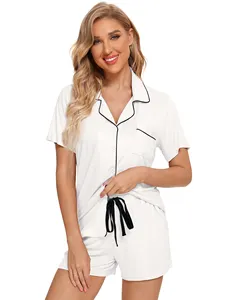 Designer ชุดนอนวาเลนไทน์สีขาวสตรีปุ่มลงไม้ไผ่ชุดนอนชุดเจ้าสาวชุดนอนชุดนอนกางเกงขาสั้นชุดเลานจ์