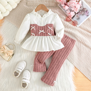 ชุดเสื้อผ้าเด็กผู้หญิง 2 ชิ้น ผ้าโพลีเอสเตอร์ผสมสแปนเด็กซ์ ระบายอากาศได้ดี สไตล์ลำลองสำหรับฤดูใบไม้ร่วง  เสื้อแขนยาวผูกโบว์สวยงาม ดีไซน์เรียบง่าย - Product Image 1