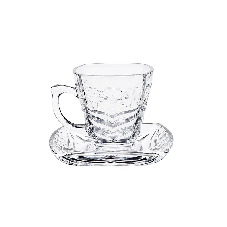 Vaso de cristal de colores para café de hotel, vaso de té de cristal transparente y platillo, 6 juegos, gran oferta