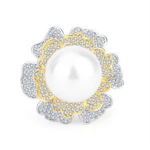 Anillo de Moda Ecológico de Cobre con Perla Blanca de 14MM, Bañado en Oro, Diseño de Flor en Dos Tonos, para Perlas Grandes, para Mujer - Product Image 1