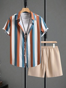 Ensemble 2 pièces d'été pour <span class=keywords><strong>homme</strong></span>, haut de gamme, imprimé 3D, à rayures, respirant, chemise à manches courtes et short, <span class=keywords><strong>tenue</strong></span> de plage - Product Image 4