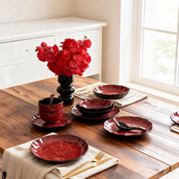 Service de table en céramique festonné rouge et noir effet four, comprenant bols, plat à poisson et cuillères, pour la maison, les mariages et les restaurants, vaisselle de luxe, coffret cadeau