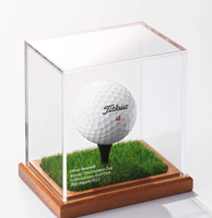 Support de cube de support de souvenirs en acrylique transparent avec vitrine de balle de golf à base en bois avec base en gazon