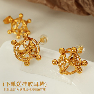 Boucles d'oreilles clous tendance en acier inoxydable doré PVD avec zircon, motif géométrique 3D en forme de boule, pour femme |   Durable et imperméable - Product Image 3