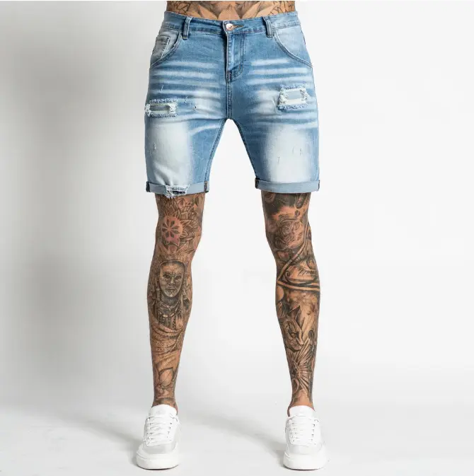 Short en jean pour homme, coupe Slim, déchiré, pantalon court en Denim, vente en gros