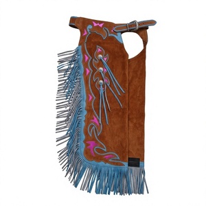 Chaps d'équitation western en daim marron de qualité supérieure, taille haute, avec incrustations bleues et roses, franges et motif floral brodé à la main, pour l'équitation complète - Product Image 1