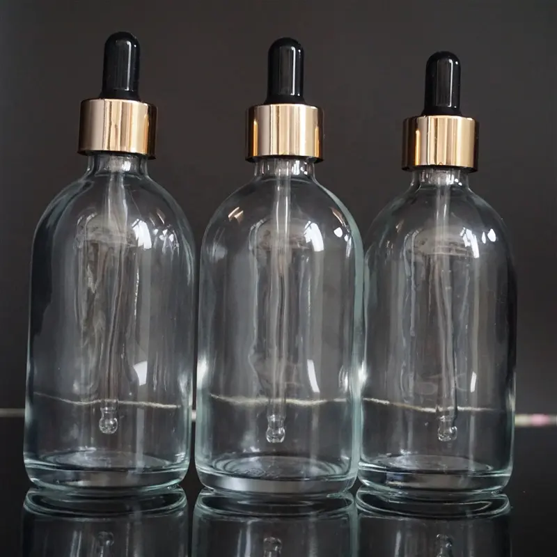 Botella de vidrio con gotero de 100ml para aceite esencial, botella de vidrio con gotero, transparente, redondo, personalizado, para embalaje, Boston
