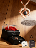 Coffret Cadeau Rose Éternelle avec Tiroir et Collier à Projection de Cœur - Cadeau Romantique pour Femme, Anniversaire de Mariage