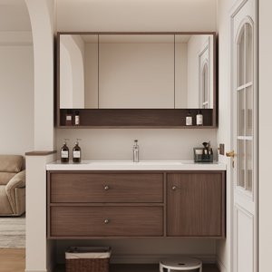 Luxury <b>walnut</b> Wall-Mounted Modern Hotel-Style Eco-Friendly Bathroom Vanity Smart <b>Mirror</b> Lacquer Finish MDF Melamine Board - Product Image 1