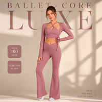 Ensemble Athleisure Chic 3 Pièces Côtelé Style Ballet-Core pour Femme – Élégant Shrug à Nouer sur le Côté et Ensemble de Yoga Taille Haute Croisé Évasé pour Sports Décontractés et Fitness